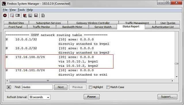 Captura de pantalla de la tabla de enrutamiento del OSPF